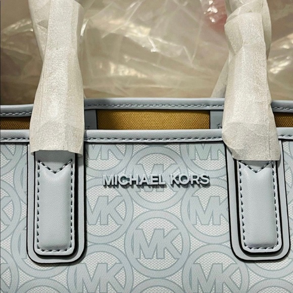 NWT Michael Kors Jodie Small Logo Jacquard Tote Bag In Pale Ocean Blue - Picture 7 of 12